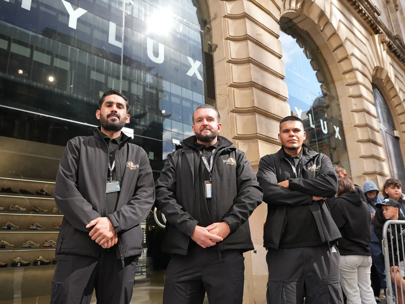 Three SIA licensed Stirling's Security officers on duty outside a Glasgow city centre store